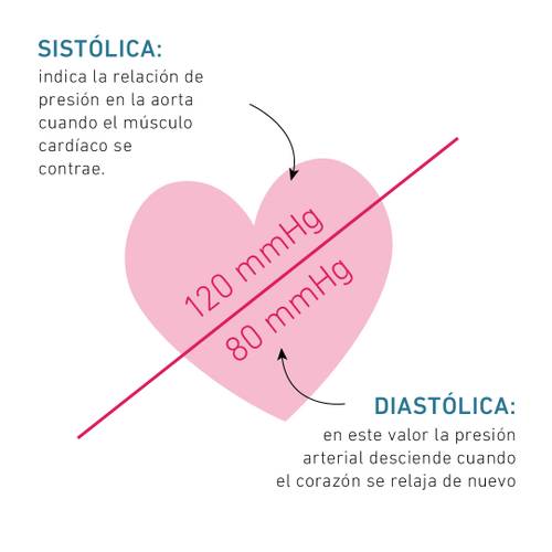 Ilustración de un corazón que muestra la presión arterial sistólica (120 mmHg) y diastólica (80 mmHg) con texto explicando los términos.