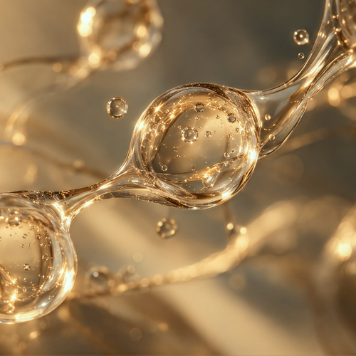 Nahaufnahme von ineinander verschlungenen goldenen Flüssigkeitsblasen mit glänzender Oberfläche, die vor einem unscharfen Hintergrund ein abstraktes und ätherisches Bild ergeben.