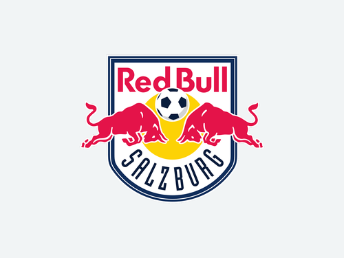 Logo des FC Red Bull Salzburg mit zwei roten Bullen und einem Fußball auf gelbem Hintergrund.