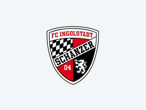 Schildförmiges FC Ingolstadt Logo in Rot, Schwarz und Weiß mit Schachbrettmuster und Löwengrafik. Aufschrift „FC Ingolstadt Schanzer 04."