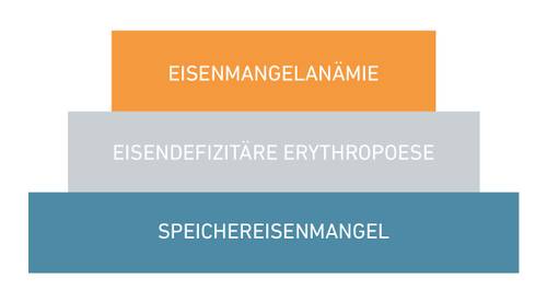 Ein dreistufiges Diagramm mit orangefarbenem, grauem und blauem Bereich, beschriftet mit: „Eisenmangelanämie“, „Eisendefizitäre Erythropoese“, „Speichereisenmangel“.