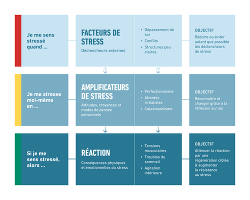 Organigramme illustrant les facteurs de stress et les réponses, avec des sections sur les stresseurs externes, le stress auto-induit, les amplificateurs de stress et les réactions typiques.