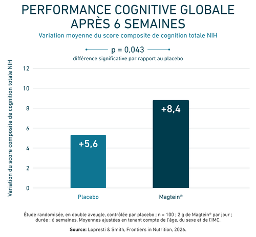 Diagramme à barres comparant les performances cognitives après 6 semaines, qui montre une valeur de +5,6 pour le placebo et de +8,4 pour Magtein®, une différence significative ayant été constatée.