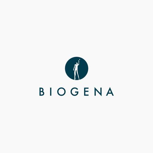 BIOGENA-Logo mit einer stilisierten Figur in einem blauen Kreis vor weißem Hintergrund.