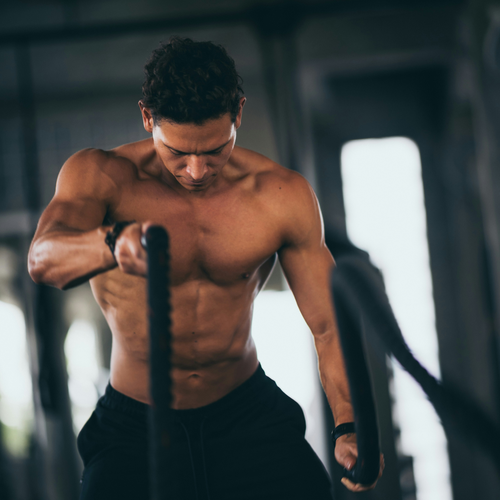 Ein Mann ohne Shirt, der in einem Fitnessstudio mit Battle Ropes trainiert; man sieht seinen muskulösen Körperbau und seinen konzentrierten Gesichtsausdruck.