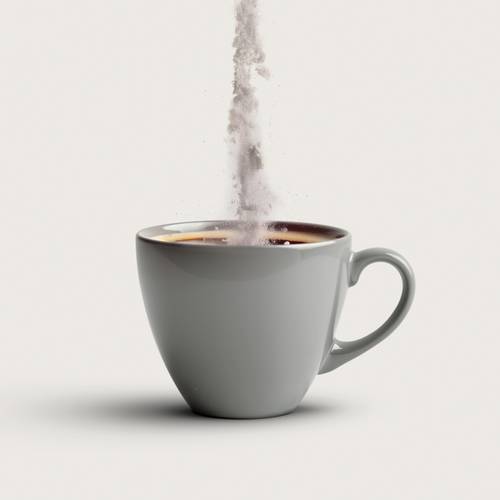 Weiße Tasse Kaffee, in die Zucker eingegossen wird, vor einem einfarbigen Hintergrund.