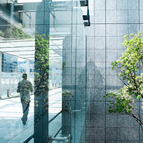 Reflexion einer Person, die in einem modernen Glasgebäude geht, mit Grünpflanzen, die sich auf der reflektierenden Oberfläche abbilden und eine geschichtete urbane Szene schaffen.