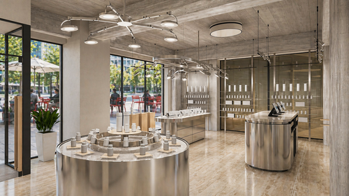 Modernes Ladeninterieur mit eleganten Metalltheken, minimalistischer Beleuchtung und großen Fenstern mit Blick auf einen Außenbereich mit Sitzgelegenheiten.