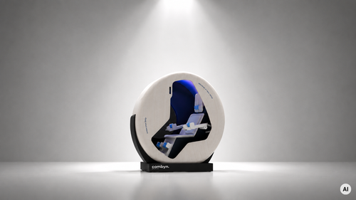 Futuristische Virtual-Reality-Kapsel mit blauem Interieur und elegantem Design, die vor grauem Hintergrund von einem Scheinwerfer angestrahlt wird.