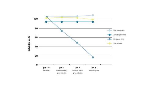 Grafico che mostra le percentuali di solubilità di quattro composti dello zinco (picolinato, bisglicinato, ossido, malato) a livelli di pH compresi tra 1-5 e 8.