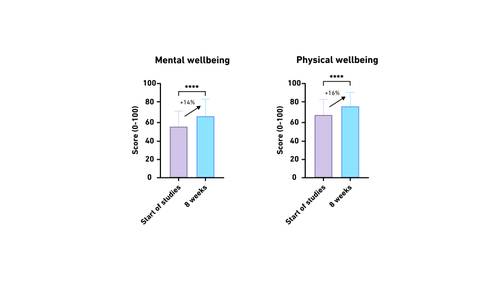 Bar charts showing increases in mental and physical wellbeing scores from the start of studies to 8 weeks, each with a 16% improvement.