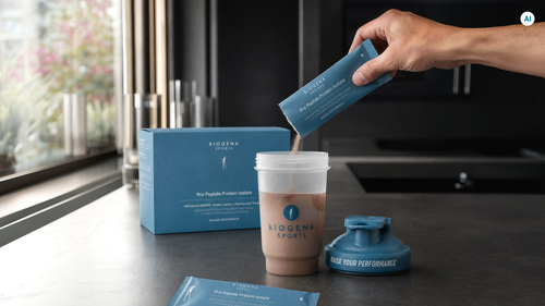 Eine Hand schüttet Proteinpulver mit Kakaogeschmack in einen Shaker auf einer Küchenarbeitsplatte, daneben stehen eine Schachtel und ein Beutel „BIOGENA SPORTS Pro Peptide Protein Isolate“.