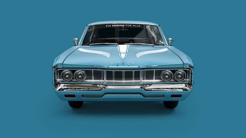 Vorderansicht eines blauen Oldtimers mit Chromakzenten vor einem einfarbigen blauen Hintergrund.