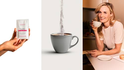 Hände halten ein Sachet mit Kollagen, Pulver wird in eine Tasse gegossen, und eine Frau genießt eine Tasse Kaffee an einem Tisch.