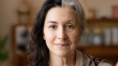 Ein zusammengesetztes Bild, das eine in zwei Hälften geteilte Frau zeigt und den Alterungsprozess veranschaulicht, wobei eine Seite jung und die andere alt ist.