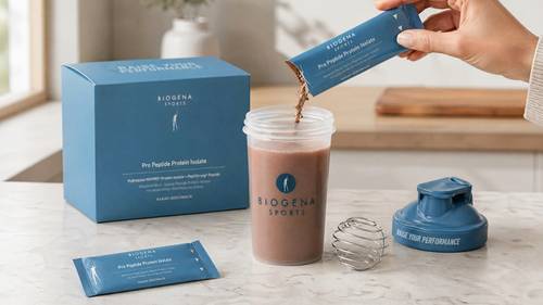 Eine Hand schüttet BIOGENA Sports Proteinpulver in einen Shaker auf einer Marmorarbeitsplatte; im Hintergrund ist die Produktverpackung zu sehen.
