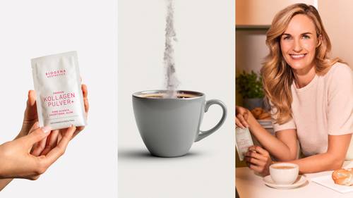 Hands holding collagen powder, powder falling into a coffee cup, and a woman smiling, holding the powder next to a coffee cup on a table.