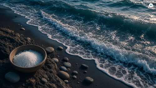 Eine Holzschale mit Magnesium an einem felsigen Strand, an dem bei Sonnenuntergang sanft die Wellen ans Ufer rollen.