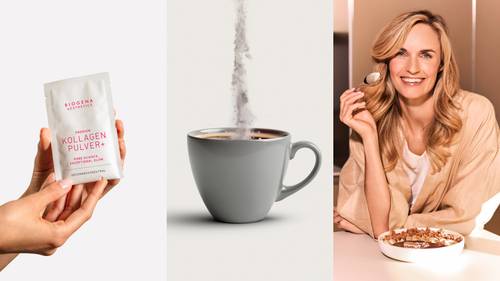 A packet of collagen powder, a cup with powder pouring in, and a smiling woman eating cereal with a spoon.