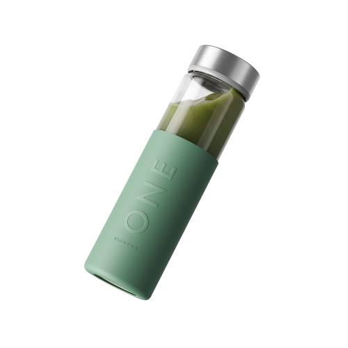 A sleek, transparent bottle with a silver lid and green sleeve, containing a green liquid. The sleeve has "ONE" and "BIOGENA" embossed.