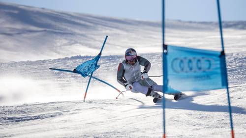 A skier in a white suit and helmet navigates a slalom course on a snowy slope under a clear blue sky.