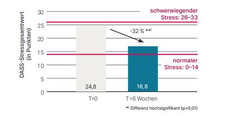 Balkendiagramm, das einen Rückgang der DASS-Stresswerte von 24,8 bei T=0 auf 16,8 bei T=6 Wochen zeigt, was einer Verringerung um 32 % entspricht.