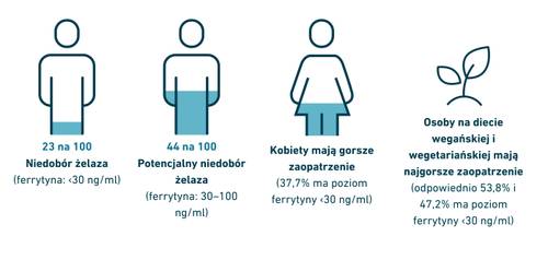 Infografika na temat niedoboru żelaza: 23% osób cierpi na niedobór żelaza, a u 44% istnieje ryzyko jego wystąpienia; najbardziej narażone są kobiety oraz weganie i wegetarianie.