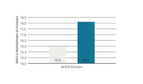Balkendiagramm zum Vergleich der WHO-5-Wohlbefindenswerte: 16,0 (hellgrau) und 18,1 (blau) auf der vertikalen Achse, beschriftet mit „WHO-5-Wohlbefinden (in Punkten)”.