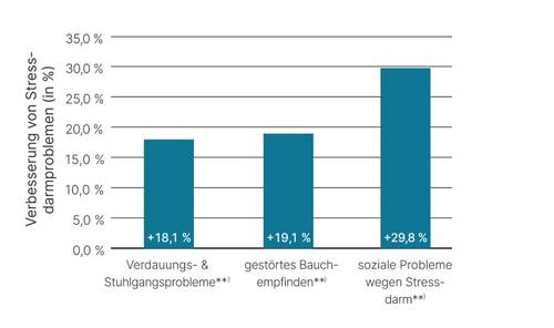 Balkendiagramm zur Verbesserung stressbedingter Verdauungsprobleme: Verdauungs-/Stuhlprobleme (18,1 %), Bauchbeschwerden (19,1 %), soziale Probleme (29,8 %).
