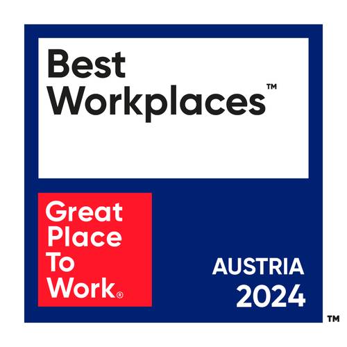 Logo „Best Workplaces Austria 2024“ mit „Great Place to Work“ in roter und weißer Schrift auf blauem Hintergrund.