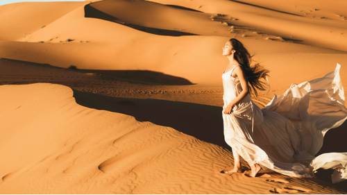 Frau in einem wallenden Kleid, die barfuß über Sanddünen läuft, während das Sonnenlicht dramatische Schatten wirft.
