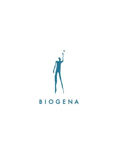 Silhouette einer Person, die mit einem Ball nach oben greift, über dem Wort „BIOGENA” in blauer Schrift auf weißem Hintergrund.