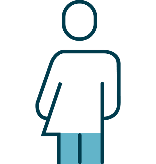 Einfache geometrische Ikone einer Person, bestehend aus einem Kreis für den Kopf und abstrakten Formen für Oberkörper und Beine in Blau.