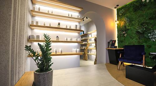 Modernes Interieur mit beleuchteten Holzregalen, auf denen Gläser, eine grüne Pflanze und eine moosbedeckte Wand neben einem dunklen Stuhl und einem Schreibtisch zu sehen sind