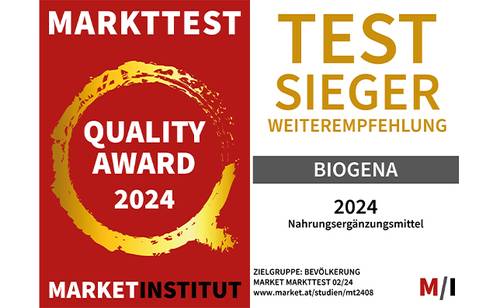 Auszeichnungsurkunde mit „Quality Award 2024” und „Test Sieger Weiterempfehlung” für Biogena im Bereich Nahrungsergänzungsmittel.