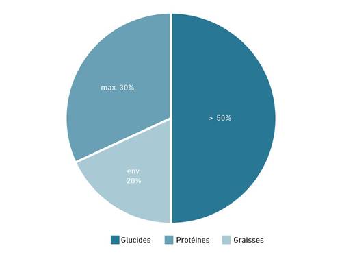 Diagramme circulaire illustrant la répartition des macronutriments : glucides > 50 %, protéines max. 30 %, lipides env. 20 %.