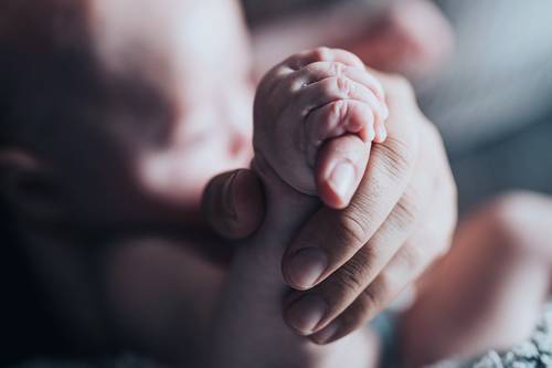 Nahaufnahme eines Babys, das den Finger eines Erwachsenen hält, wodurch die Verbindung zwischen ihnen deutlich wird. Der Hintergrund ist sanft unscharf.