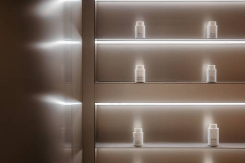 Auf den beleuchteten Regalen stehen mehrere Flaschen, die jeweils in gleichmäßigen Abständen in separaten Reihen angeordnet sind. Die Umgebungsbeleuchtung sorgt für eine minimalistische, moderne Optik.