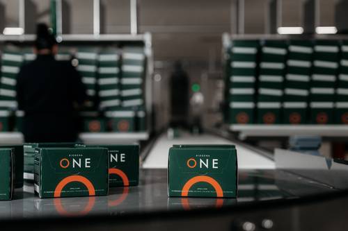 A stack of green crates bearing the word ‘ONE’ on a conveyor belt, with a worker in the background.