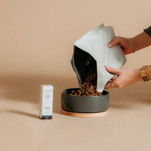 Hände schütten Tierfutter in eine dunkle Schüssel mit Korkboden, neben einer kleinen Schachtel mit der Aufschrift „BIOGENA PETS“. Neutraler Hintergrund.