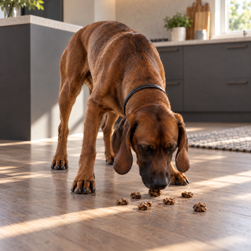 A brown dog with a black collar is sniffing at several dog treats scattered across the wooden kitchen floor in the sunlight.
