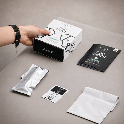 Person öffnet eine „BIOGENA DNA Dog Check" Kit-Box mit Anleitung, Folienbeuteln und einem schwarzen Heft auf einer grauen Oberfläche.