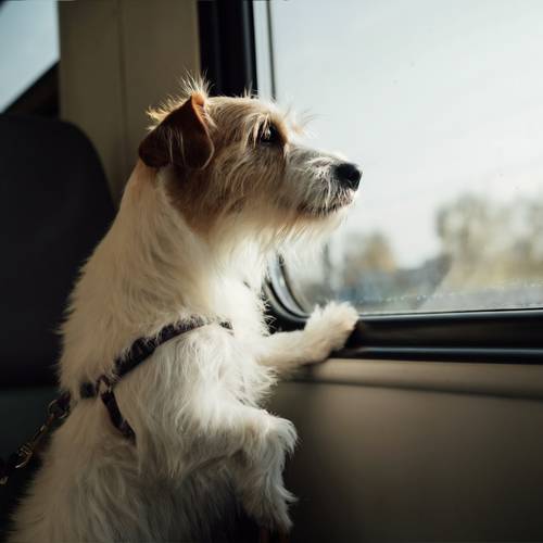 A small dog with a white and brown coat looks out a window while sitting inside a train.
