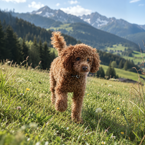 A brown dog with a curly coat is running across a grassy meadow on a sunny day; mountains can be seen in the background.