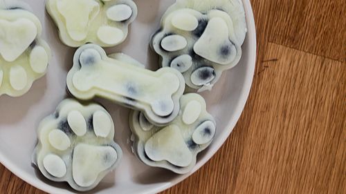 Gefrorene Leckereien in Form von Knochen und Pfotenabdrücken auf einem weißen Teller, der auf einer Holzunterlage steht.