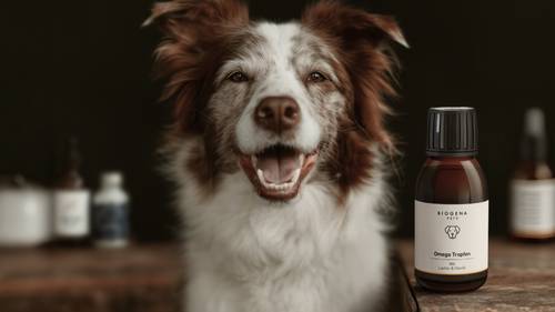 Lächelnder braun-weißer Hund, der neben einer kleinen bernsteinfarbenen Flasche mit Omega-Futterergänzungsmittel auf einer Holzoberfläche sitzt.