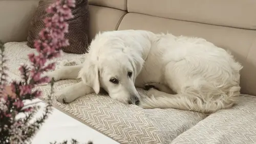 Ein flauschiger weißer Hund liegt entspannt auf einem beigen Sofa. Im Vordergrund sind rosa Blumen verschwommen zu sehen.