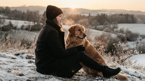 Frau in einem schwarzen Mantel und einer Mütze sitzt mit einem Golden Retriever auf einem verschneiten Hügel und beobachtet den Sonnenaufgang über einer frostigen Landschaft.