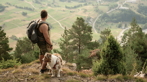 Ein Mann mit Rucksack und Hund steht auf einem malerischen Hügel und blickt auf ein üppiges Tal mit Bäumen, Feldern und gewundenen Strassen.