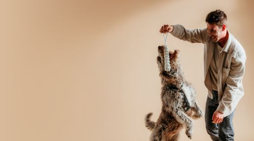 Ein Mann spielt fröhlich mit einem springenden Hund, der ein Seilspielzeug hält, vor einem schlichten beigen Hintergrund.